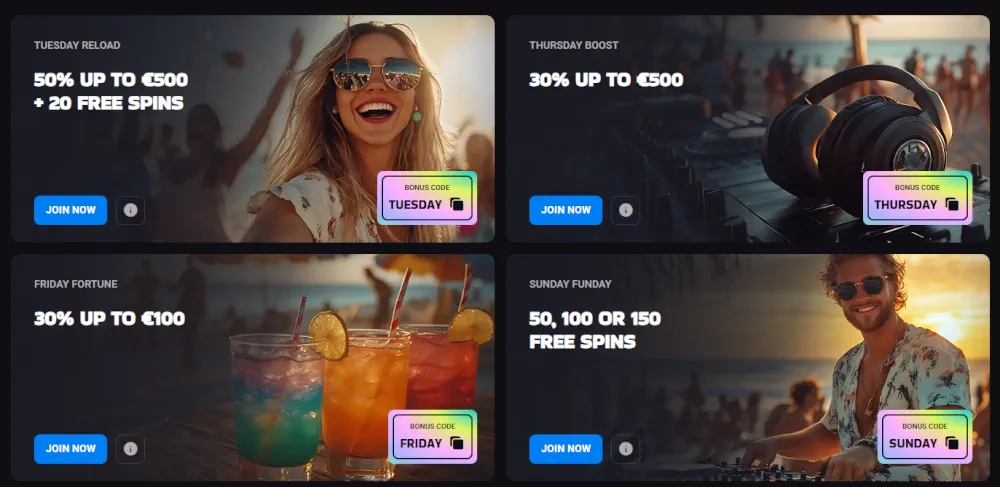 Griglia promozionale Luckyvibe che mostra vari bonus di deposito e ricarica